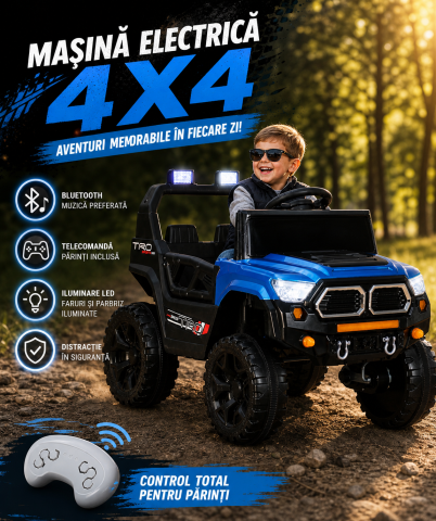 Mașină electrică copii stil Jeep, cu telecomandă, Bluetooth, funcție muzică, iluminare parbriz, roți din plastic, dimensiuni 85×61×54 cm, albastru [1]