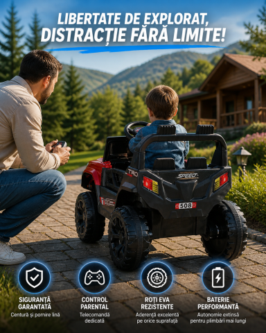 Mașină electrică copii stil Jeep, cu telecomandă, Bluetooth, funcție muzică, iluminare parbriz, roți din plastic, dimensiuni 85×61×54 cm, negru [1]