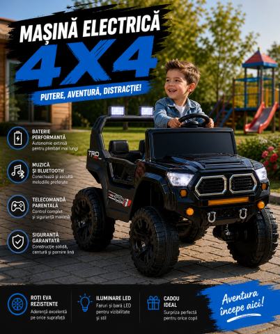 Mașină electrică copii stil Jeep, cu telecomandă, Bluetooth, funcție muzică, iluminare parbriz, roți din plastic, dimensiuni 85×61×54 cm, negru [2]
