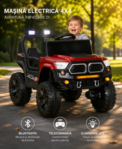 Mașină electrică copii stil Jeep, cu telecomandă, Bluetooth, funcție muzică, iluminare parbriz, roți din plastic, dimensiuni 85×61×54 cm, rosu [2]