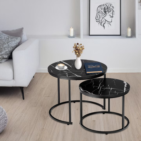 Măsuță Cafea 2-în-1, Blat Aspect Marmură Neagră, Cadru din Oțel Negru Mat, Dimensiuni 53x43 cm, Suportă până la 30 kg, Mese Suprapuse cu Design Modern și Compact [3]