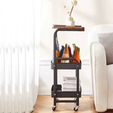 Măsuță de Cafea Portabilă cu Roți – 2 Rafturi și Blat de Lucru, Metal și Lemn, 73 × 40 × 30 cm, Negru/Maro [8]