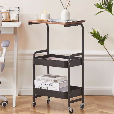 Rafturi, Organizatoare si Suporturi - Măsuță de Cafea Portabilă cu Roți – 2 Rafturi și Blat de Lucru, Metal și Lemn, 73 × 40 × 30 cm, Negru/Maro