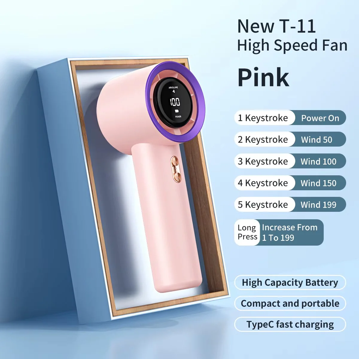 Mini ventilator portabil de mână, baterie 3000 mAh, afișaj LED, reglaj viteză, încărcare Type-C, compact și silențios [2]