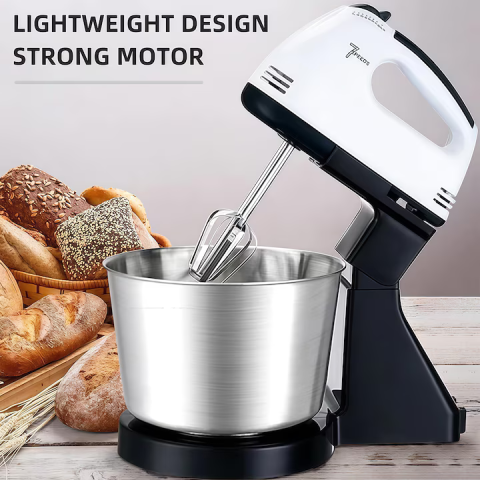 Mixer cu bol 4L inox, 2 în 1, putere 380W, 7 trepte viteză, motor din cupru, palete și cârlige din metal, stil clasic [1]