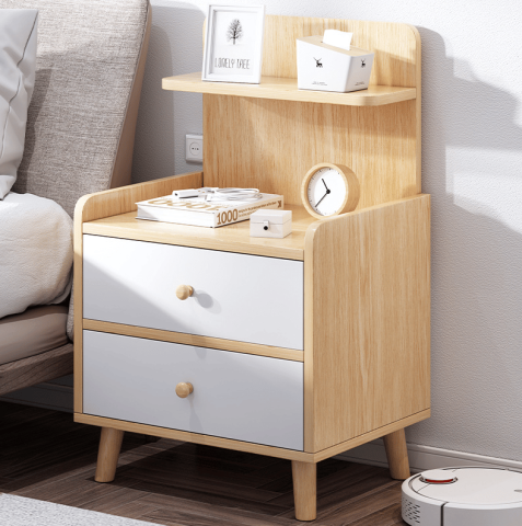 Casa si Bucatarie - Noptieră cu 2 Sertare și Raft Superior - 40 × 30 × 53 cm, Culoare Bej-Alb, Design Modern, Furnir din Lemn, Construcție Robustă și Durabilă