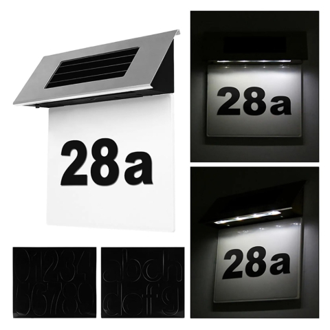 Număr de Casă Solar cu Iluminare LED - 4 LED-uri, Senzor de Lumină, Carcasă din Oțel Inoxidabil, Impermeabil, 19 × 18,5 × 5 cm, cu Set Cifre și Litere [6]