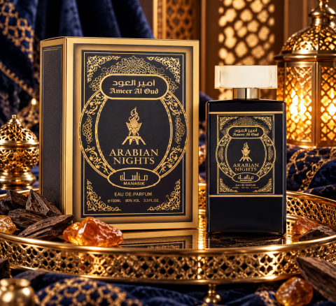 Parfumuri - Parfum Oriental Ameer Al Oud Arabian Nights MNS Unisex, Apă de Parfum cu Note Intense de Oud și Accente Lemnoase, Potrivită pentru Femei și Bărbați, 100 ml