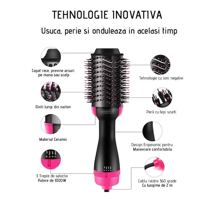 Perie de păr electrică 3 în 1, 1000W, funcții uscător, ondulator și perie, înveliș ceramic cu turmalină, 3 viteze și 3 temperaturi [2]