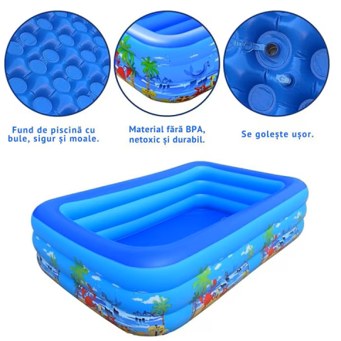Piscină gonflabilă dreptunghiulară copii 260×165×54 cm, cu 3 camere de aer, bază confortabilă și vinil durabil, multicoloră [2]