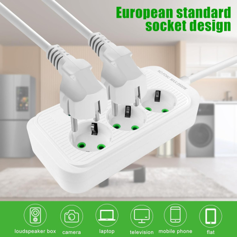 Prelungitor Electric cu Fast Charge, 3 Prize, 4 Porturi USB și 1 Port USB-C PD, Întrerupător ON/OFF, Sistem de Protecție pentru Copii, Antistatic, Cablu 2 Metri, Carcasă ABS, Alb [1]