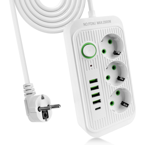 Scule Electrice si Unelte - Prelungitor Electric cu Fast Charge, 3 Prize, 4 Porturi USB și 1 Port USB-C PD, Întrerupător ON/OFF, Sistem de Protecție pentru Copii, Antistatic, Cablu 2 Metri, Carcasă ABS, Alb