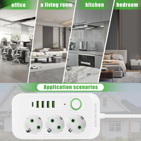Prelungitor Electric cu Fast Charge, 3 Prize, 4 Porturi USB și 1 Port USB-C PD, Întrerupător ON/OFF, Sistem de Protecție pentru Copii, Antistatic, Cablu 2 Metri, Carcasă ABS, Alb [4]