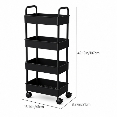 Raft Depozitare 4 Niveluri cu Roți, Cărucior Rulant 107x41x21 cm, Organizator Plastic pentru Bucătărie, Baie sau Birou, Negru [1]