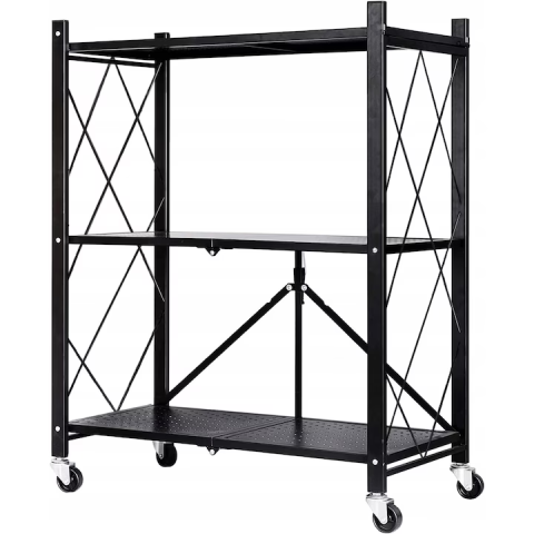 Rafturi, Organizatoare si Suporturi - Raft metalic pliabil 86x71x38 cm, structură din oțel durabil, roți pivotante, design Loft, pentru bucătărie sau depozitare, negru