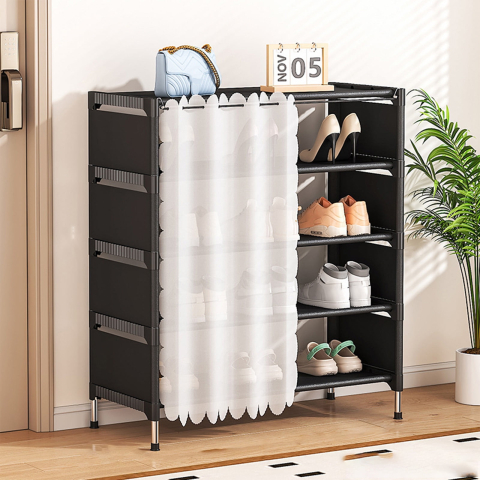 Rafturi, Organizatoare si Suporturi - Raft pentru Încălțăminte cu Perdea, Dimensiuni 58x26x78 cm, Design Compact și Practic pentru Hol sau Dormitor, Structură Stabilă Negru/Alb, Organizare Eficientă a Spațiului