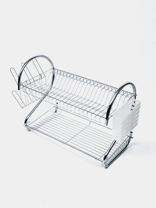 Casa si Bucatarie - Scurgător de vase din oțel inoxidabil, strat dublu, cu tavă din plastic pentru scurgerea apei, dimensiuni mari 40,5 × 24 × 39 cm