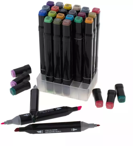 Produse si jucarii pentru copii - Set 24 Markere Profesionale cu 2 Capete, Culori Vibrante, pentru Desen, Schițe și Pictură, Husă Organizare Inclusă