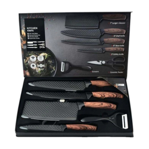 Casa si Bucatarie - Set 6 Cuțite Profesionale din Oțel Inoxidabil - 4 Cuțite, Foarfecă și Decojitor Ceramic, Finisaj Negru, Mânere Ergonomice, Lame Antiaderente