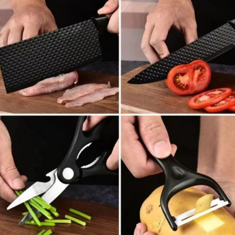 Set 6 Cuțite Profesionale din Oțel Inoxidabil - 4 Cuțite, Foarfecă și Decojitor Ceramic, Finisaj Negru, Mânere Ergonomice, Lame Antiaderente [5]