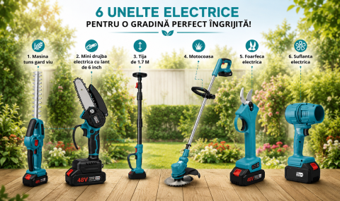 Scule Electrice si Unelte - Set 6 unelte electrice pentru grădină, 48V, mașină de tuns gard viu, mini drujbă cu lanț de 6 inch, tijă de 1,7 m, motocoasă, foarfecă și suflantă electrică