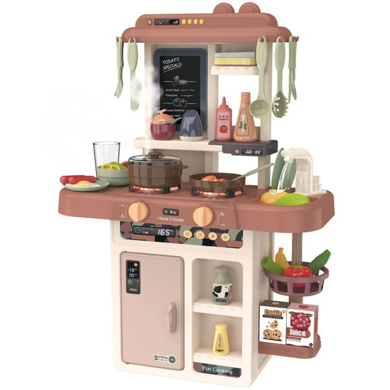 Produse si jucarii pentru copii - Set bucătărie copii 55 accesorii, model multifuncțional cu chiuvetă cu apă, aragaz și frigider, tablă de scris, joc de rol educativ, culoare roșie