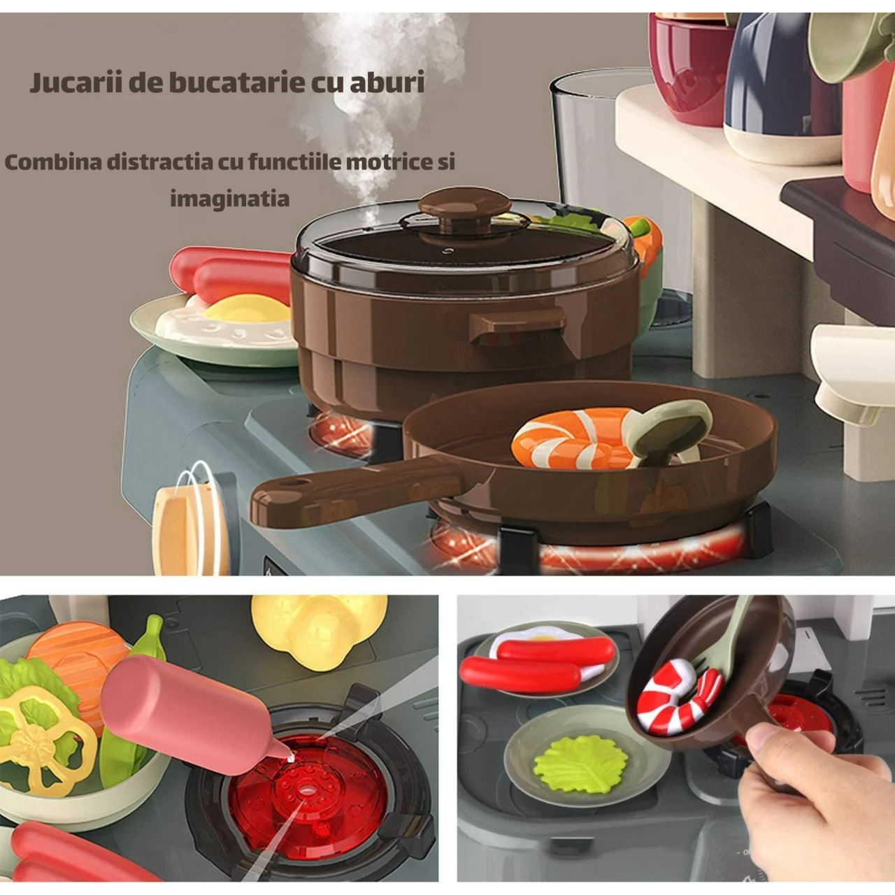 Set bucătărie copii 55 accesorii, model multifuncțional cu chiuvetă cu apă, aragaz și frigider, tablă de scris, joc de rol educativ, culoare roșie [2]