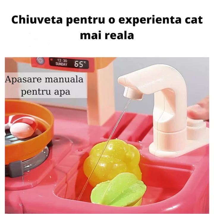 Set bucătărie copii 55 accesorii, model multifuncțional cu chiuvetă cu apă, aragaz și frigider, tablă de scris, joc de rol educativ, culoare roșie [5]
