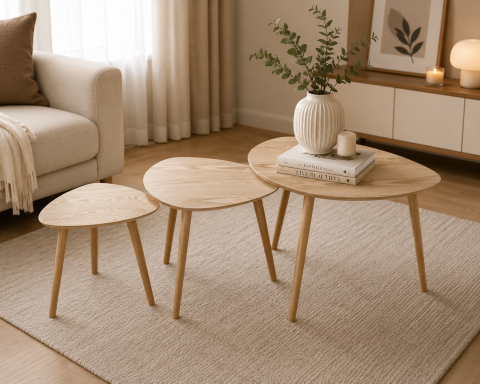 Măsuțe pentru living - Set de 3 mese laterale triunghiulare, design modern industrial, structură metalică rezistentă, potrivite pentru living, dormitor și birou, crem