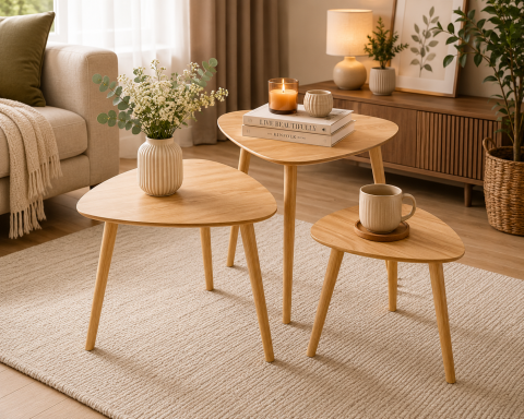 Set de 3 mese laterale triunghiulare, design modern industrial, structură metalică rezistentă, potrivite pentru living, dormitor și birou, crem [2]