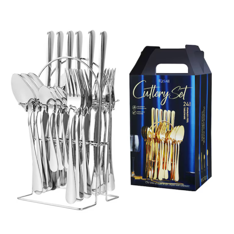 Casa si Bucatarie - Set Tacâmuri 24 Piese din Inox, Cuțite, Linguri, Furculițe și Lingurițe, Design Elegant cu Finisaj Lucios, Rezistente și Ușor de Întreținut, Culoare Argintiu