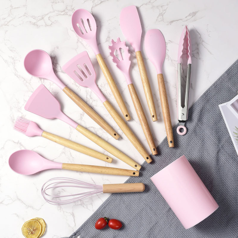 Set tacâmuri bucătărie 12 piese, silicon alimentar cu mânere din lemn, rezistente la temperatură și antiaderente, cu suport, culori variate [10]