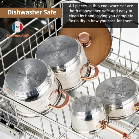 Set Vase de Gătit din 12 Piese din Oțel Inoxidabil, Fără Nichel, Netoxic, cu Structură în 5 Straturi, Oale, Cratiță și Tigaie, Compatibil cu Plite pe Gaz, Inducție și Toate Tipurile de Aragaz [9]