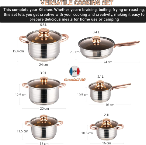Set Vase de Gătit din 12 Piese din Oțel Inoxidabil, Fără Nichel, Netoxic, cu Structură în 5 Straturi, Oale, Cratiță și Tigaie, Compatibil cu Plite pe Gaz, Inducție și Toate Tipurile de Aragaz [3]