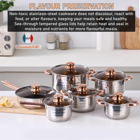 Set Vase de Gătit din 12 Piese din Oțel Inoxidabil, Fără Nichel, Netoxic, cu Structură în 5 Straturi, Oale, Cratiță și Tigaie, Compatibil cu Plite pe Gaz, Inducție și Toate Tipurile de Aragaz [8]