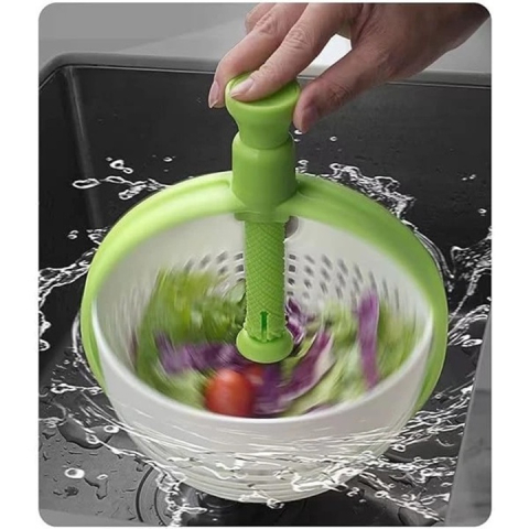 Strecurătoare rotativă pentru salată, multifuncțională, sistem de centrifugare cu mâner extensibil, plastic rezistent, pentru spălare și uscare legume, alb/verde [9]