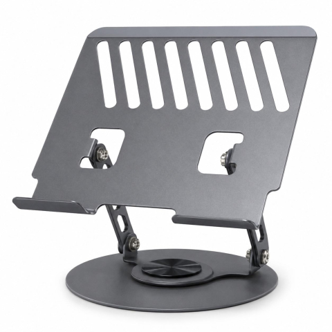 Rafturi, Organizatoare si Suporturi - Suport ergonomic pentru laptop, realizat din metal, reglabil și pliabil, cu bază rotativă 360° și inserții antiderapante din silicon, compatibil cu laptopuri de 15,6-17 inch, gri mat