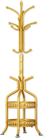 Suport Haine Metalic Independent, Cuier Industrial cu 2 Niveluri de Rafturi și Cârlige, Dimensiuni 34x189 cm, Structură Stabilă pentru Depozitare în Hol, Design Elegant Auriu [3]