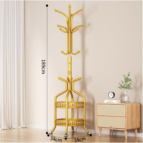 Suport Haine Metalic Independent, Cuier Industrial cu 2 Niveluri de Rafturi și Cârlige, Dimensiuni 34x189 cm, Structură Stabilă pentru Depozitare în Hol, Design Elegant Auriu [1]