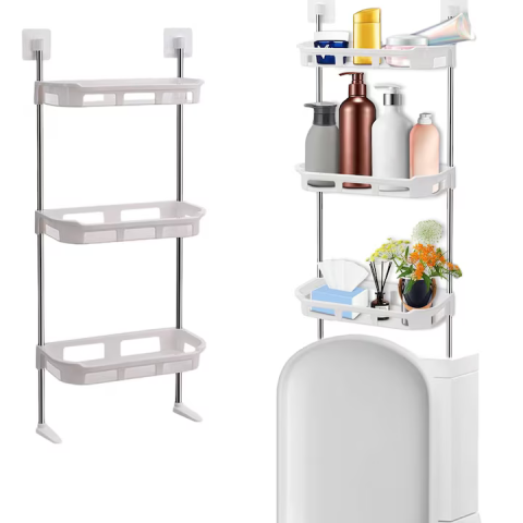 Raft pentru WC și Baie, 40 × 30 × 5 cm, din Plastic Impermeabil, cu 4 Cârlige Detașabile, Montare fără Găurire și fără Unelte, Organizator pentru Baie, Alb [3]