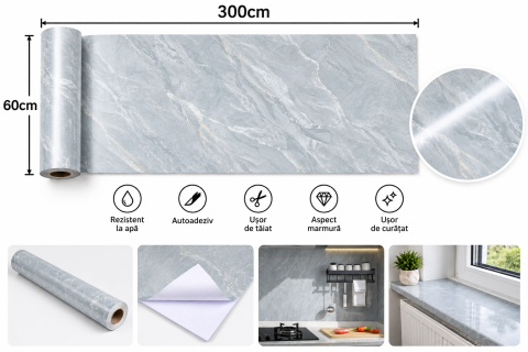 Casa si Bucatarie - Tapet adeziv marmură gri 60×300 cm, PVC rezistent la apă și uzură, durabil și gros, montare simplă, pentru pereți și mobilă