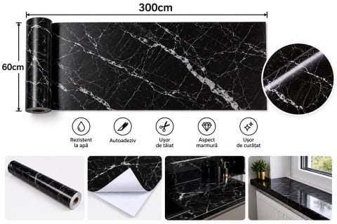 Casa si Bucatarie - Tapet adeziv marmură neagra 60×300 cm, PVC rezistent la apă și uzură, durabil și gros, montare simplă, pentru pereți și mobilă