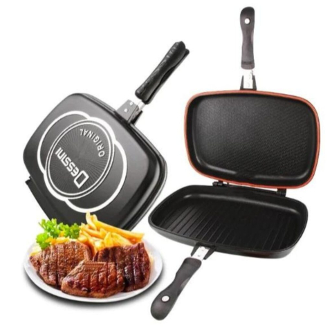 Tigaie Dublă Antiaderentă 36 cm, Aluminiu Turnat pentru Menținerea Optimă a Căldurii, Interior Marmorat, Închidere Magnetică Anti-Scurgere, Design Practic pentru Gătire Uniformă [3]