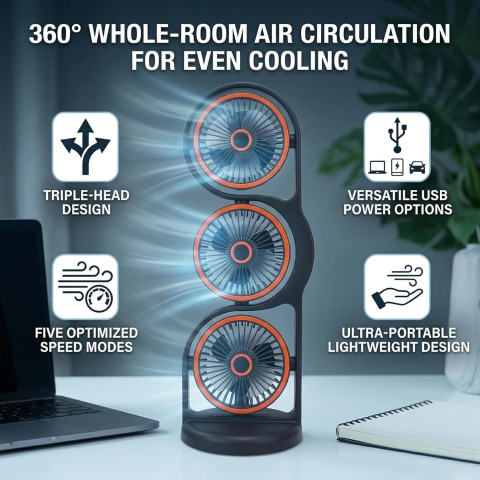Ventilator Portabil de Birou cu 3 Capete, Rotire 360°, 5 Trepte de Viteză, Acumulator Reîncărcabil prin USB, Flux de Aer Multidirecțional, Înclinare Reglabilă la 45° [4]