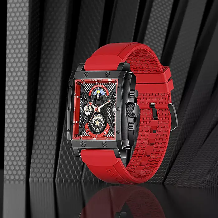 Ceas barbatesc Lige Maritim , quartz ,curea silicon rosu, chronograf, indici zi noapte [3]