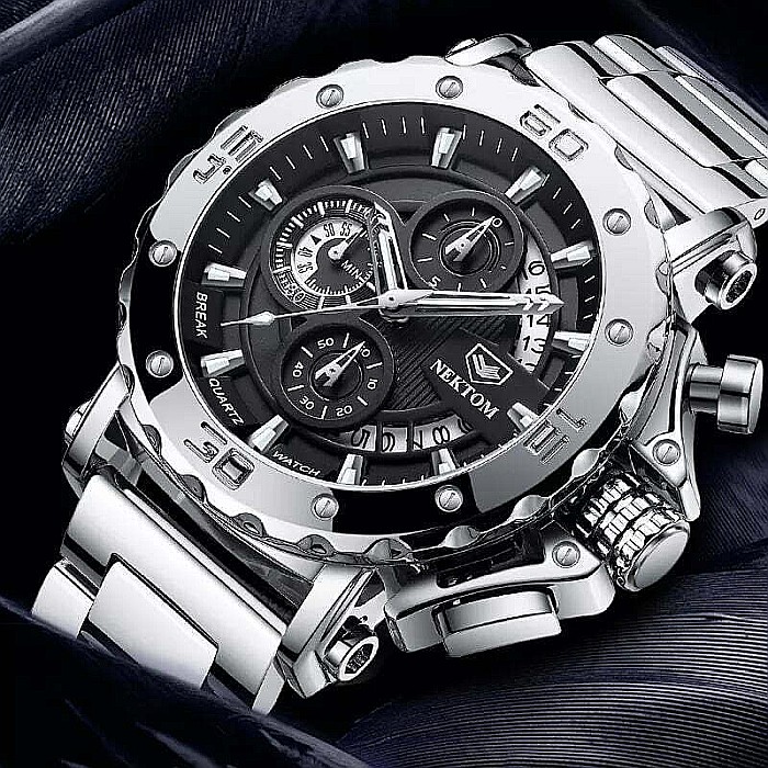 Ceas barbati Liluoke chronograf , calendar, indici luminosi, curea inox [3]