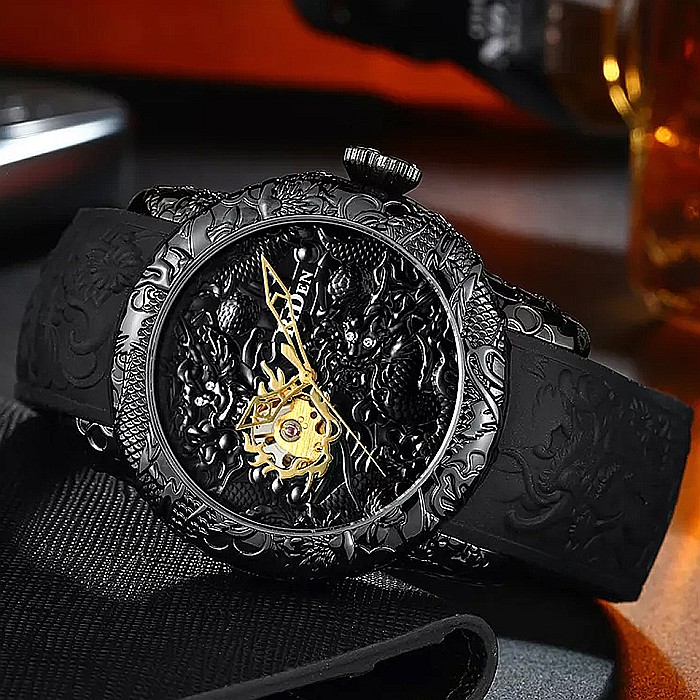 Ceas de barbat Biden lux, automatic, curea din silicon negru, skeleton [3]