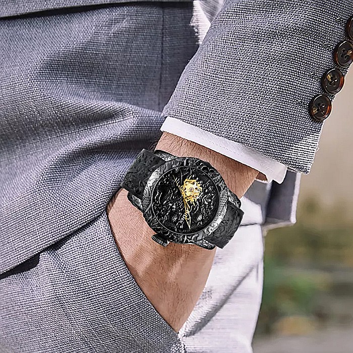 Ceas de barbat Biden lux, automatic, curea din silicon negru, skeleton [4]