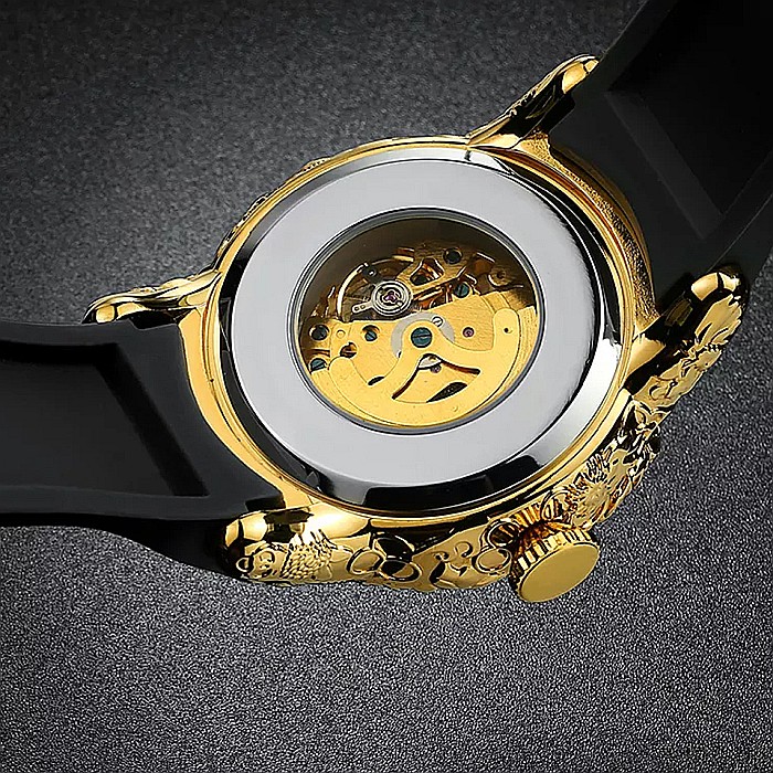 Ceas de barbat Biden lux, automatic, curea din silicon negru, skeleton [5]