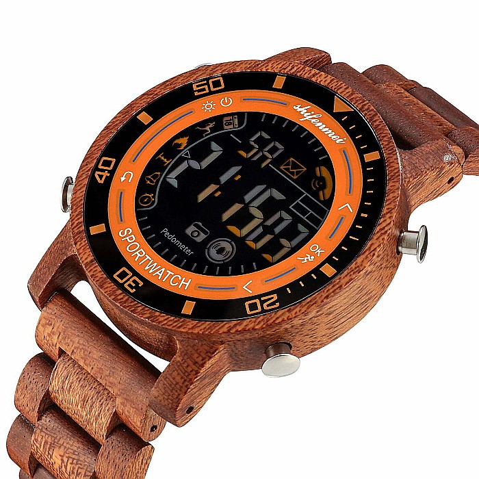 Ceas de barbati Shifenmei din lemn, curea din lemn, digital, cronograf, pedometru, Quartz [2]